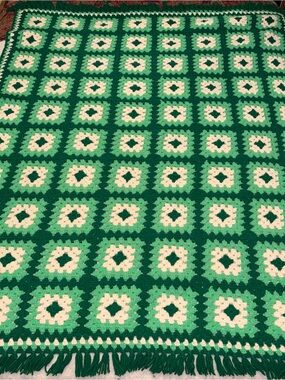 Handmade vintage Granny Square Crochet Blanket in Green and Cream